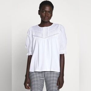 J. Crew White Woven Lace Crochet Yoke Puff Sleeve Peasant Blouse Sz M